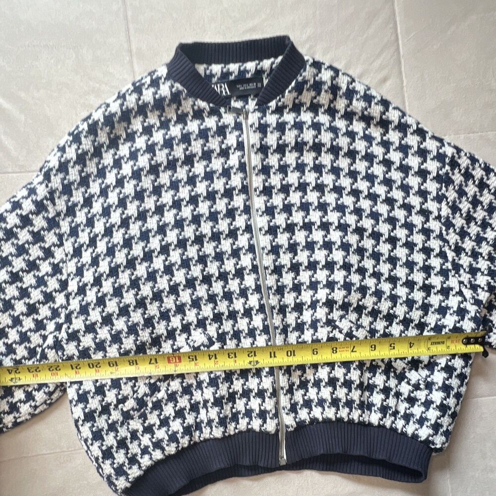 ZARA Women’s Navy/White Houndstooth Bomber Jacket L Zip Front Lined - Picture 7 of 10